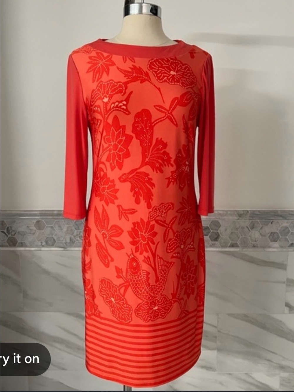 Very Vollbrach Coral-Red Floral Burnout Midi Dress with Three-Quarter Sleeves